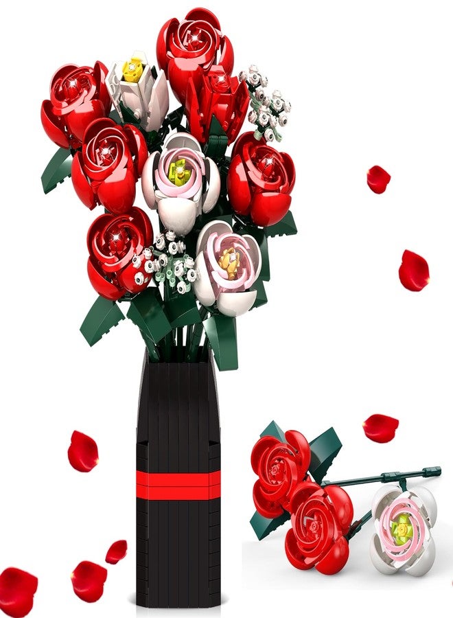 EXCOUP Flower Bouquet Building Set, Artificial Roses Toy Building Set with Vase, Building Blocks Flower Brick Toys, for Home Office Decoratin, Christmas, Mother's Day, or Valentine's Gifts, 841 PCS - Image 1